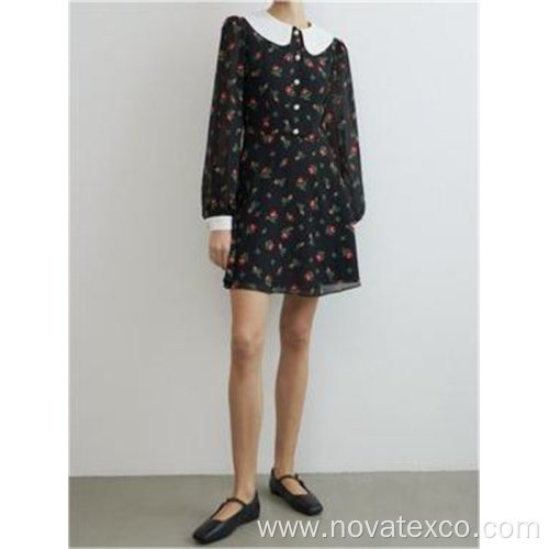 100% Poly Pearl Buttons Long Sleeved Printed Dress